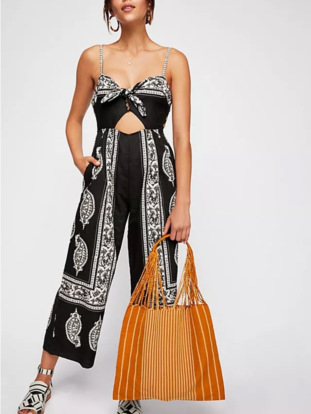 Free People Feel the Sun Black & White Paisley Cutout Wide-Leg Jumpsuit - size 4